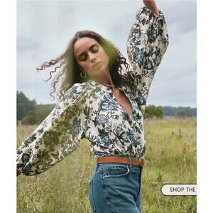 LOFT Floral Blouson Sleeve Split Neck Blouse Workwear Size XL